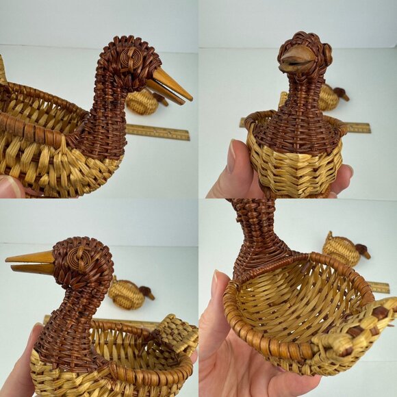 2 Small Vtg Tan Wicker Rattan Woven Ducks Geese Goose Tabletop Decor Planter - Picture 5 of 13